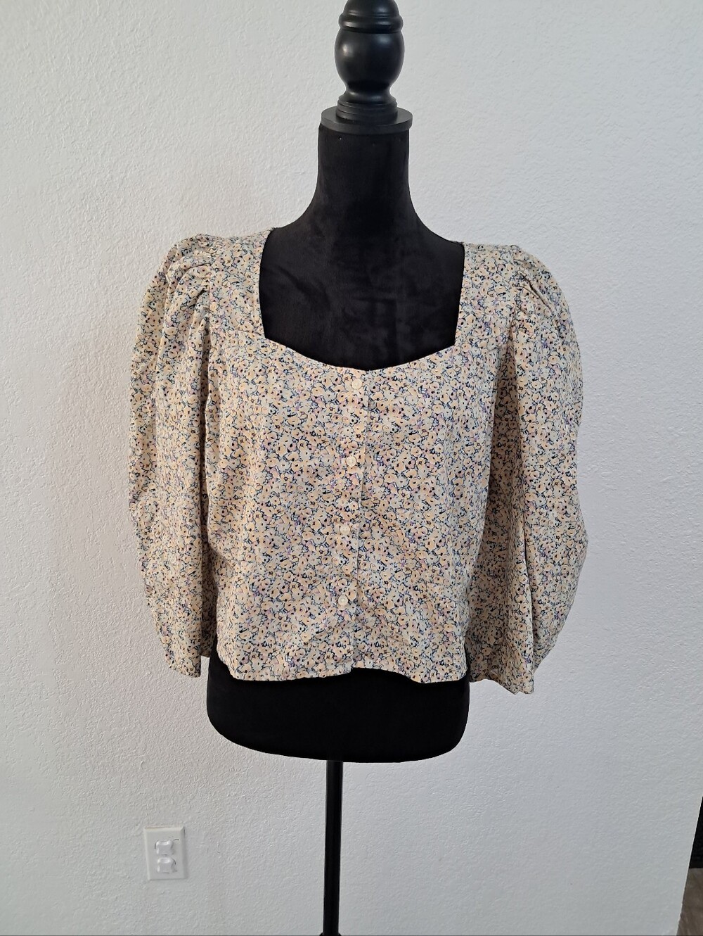 Levis Ellora Crop Cottagecore Blouse XL Puff Sleeve Square Neck Button Up Boho